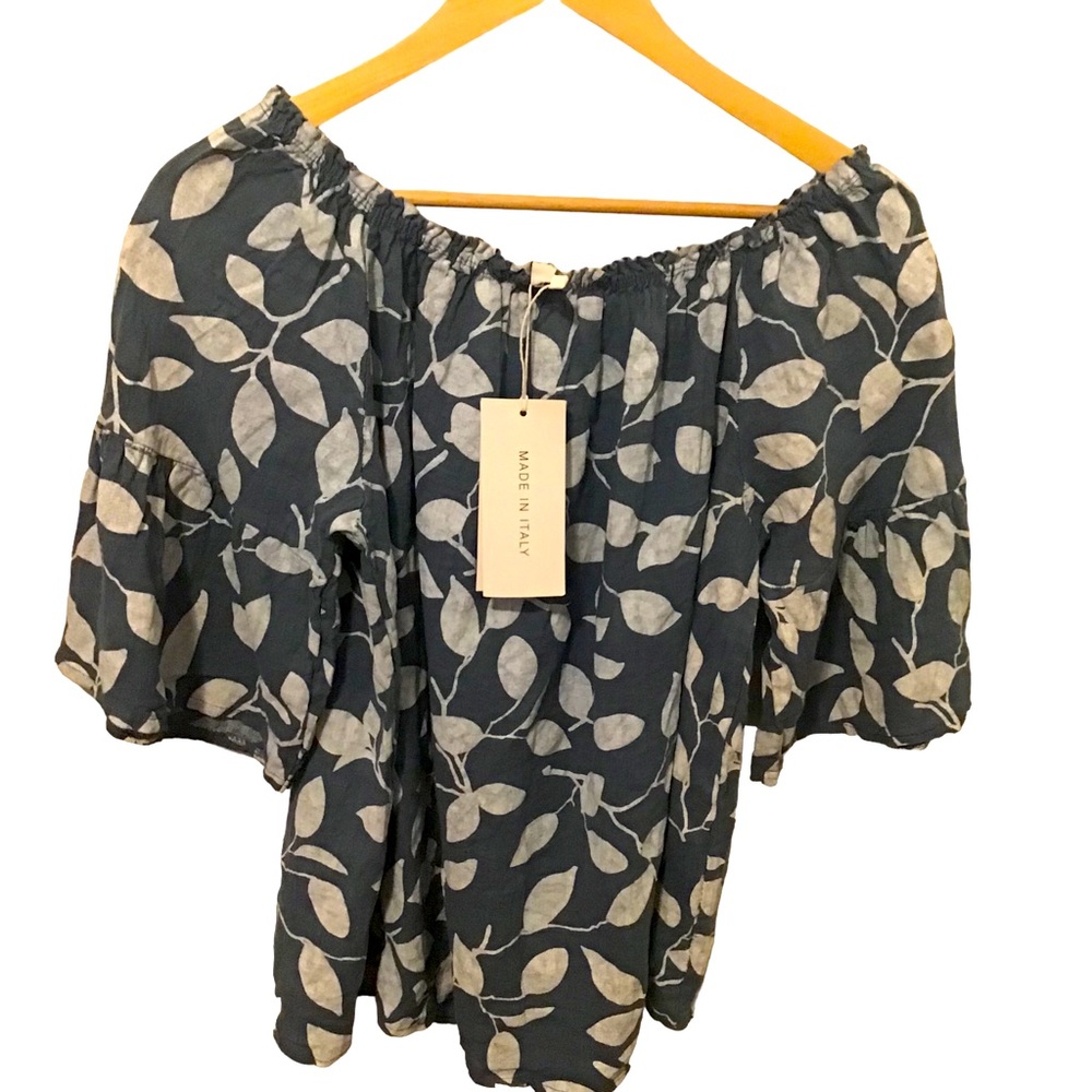 KAKTUS Top Blue/White Pullover Crop Bell Sleeves On/Shoulder Loose Fit Size M
